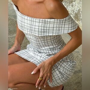 Meshki M Helena Tweed Off Shoulder Mini Dress - White Check